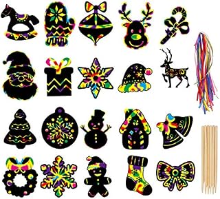 LOKIPA Christmas Scratch Paper Art Ornaments ,80 Rainbow Magic Scratch Off Paper Cards with Drawing Sticks&Ribbon for Christmas Decoration