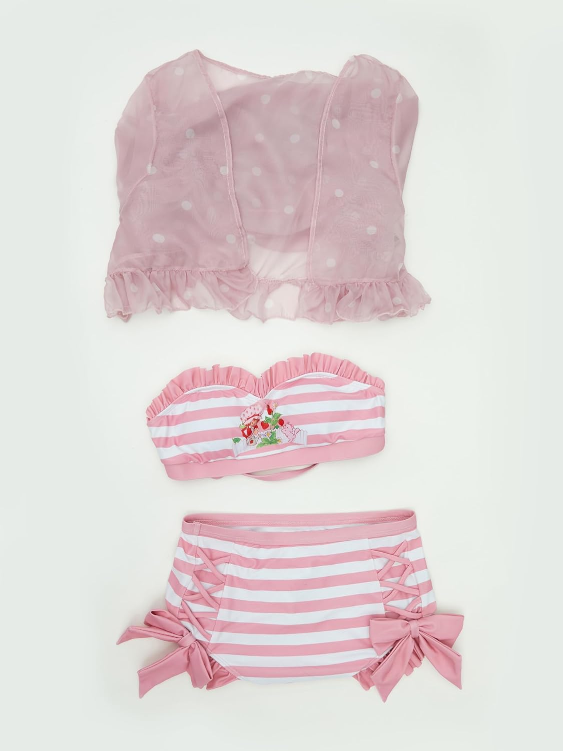 Micotaku Strawberry Shortcake Officially Licensed Women's Bikini Set Retro Pink Stripes & Sheer Polka Dot Cover-Up