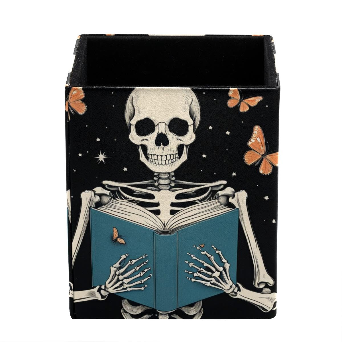 HEOEH Funny Skeleton Reading Pen Holder Pen Pot, Square Pencil Cup for Desk