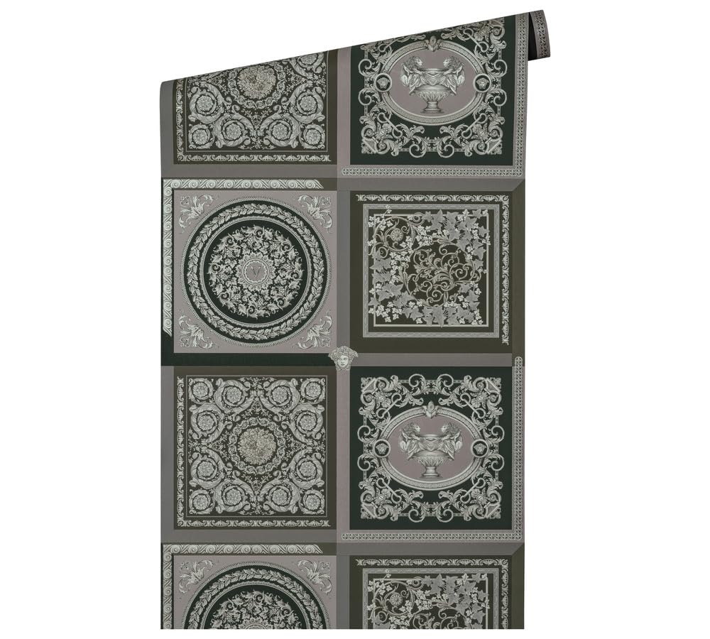 Versace tapeta barokowa luksusowa tapeta kwiatowy 387044 srebrna, czarna, szara, designerskie logo Medusa 10,05 x 0,70 m Made in Germany