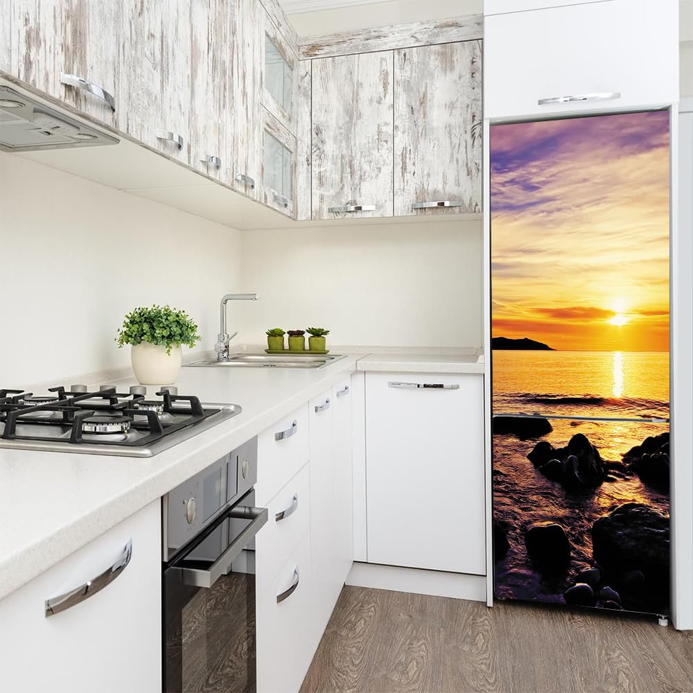 Naklejka na lodówkę Pełne pokrycie drzwi Pokrowce na lodówki Decor, skórki zamrażarki Naklejki ścienne do kalkomanii kuchennej, Sunset Seascape Reef ，Naklejki na lodówkę(L: 100x180 cm)
