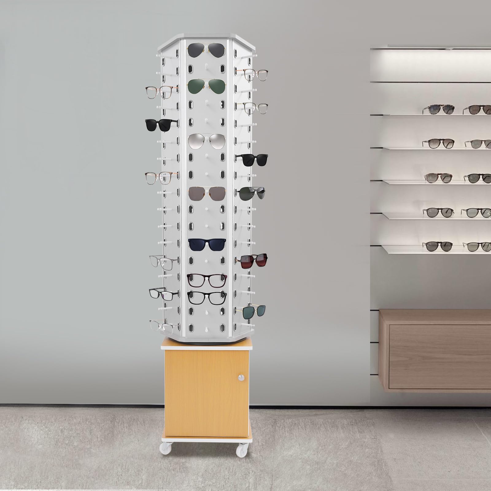 Estante Expositor para Gafas de Sol, Soporte de pie de Madera de 6 Lados para Gafas, Soporte para 102 Pares de Gafas, Giratorio 360°, con Armario de Almacenamiento y 4 Ruedas girat