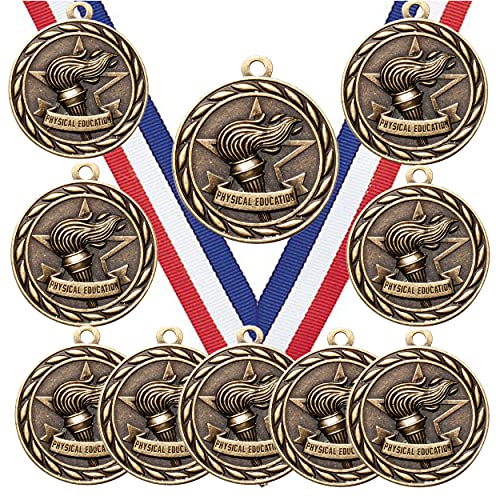 10 Pack of Physical Education Gold Medals Trophy Award with Neck Ribbons MA