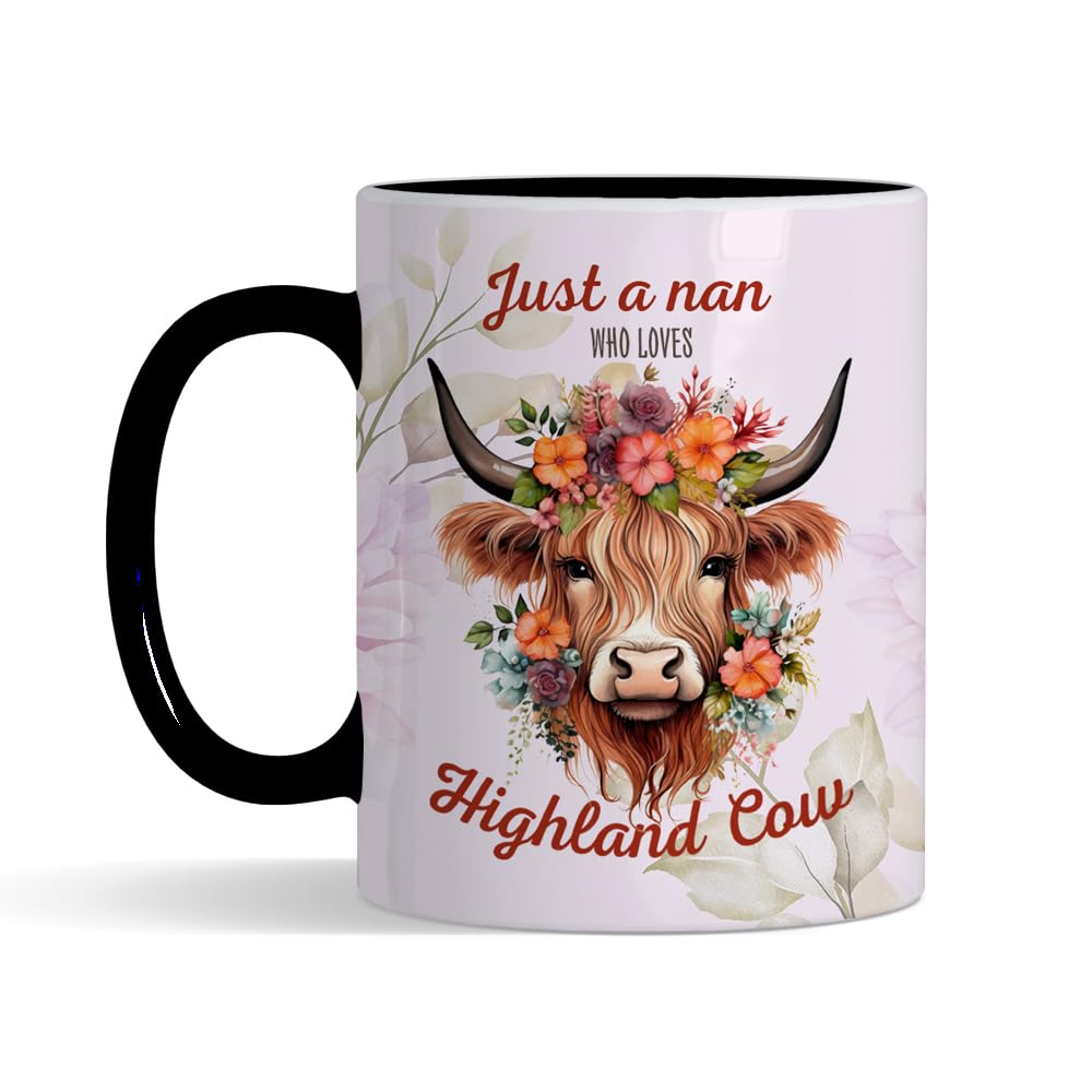 Getagift Just A Nan Who Loves Highland Cow, Mother’s Day Gift, Inside Coloured Coffee, Tea Mug. (Black)