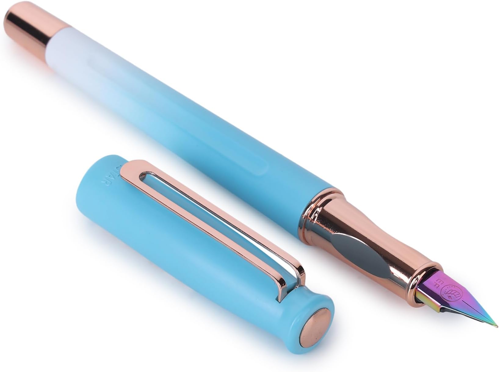 20516 Loushi Fountain Pen Sky Blue Velvet Rubber Finish Acrylic Body Rose Gold Metal Clip Rainbow Colored Nib with Push In Style Ink Converter, pen Comes With High End Gift Box. (FINE NIB)