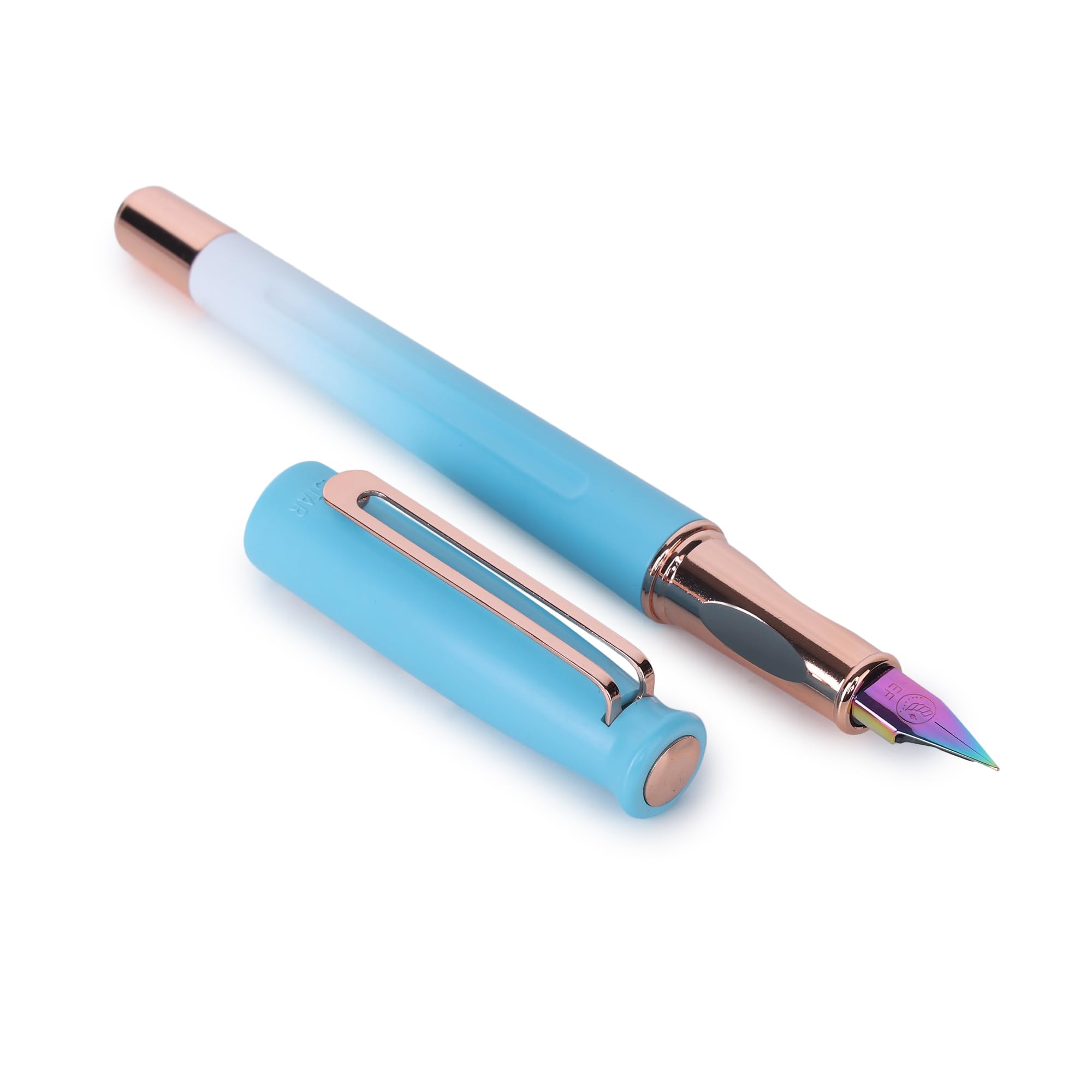 crewtone 20516 Loushi Sky Blue Velvet Rubber Finish Acrylic Body Fountain Pen Rose Gold Metal Clip Rainbow Colored Nib with Push In Style Ink Converter, pen Comes With High End Gift Box. (FINE)