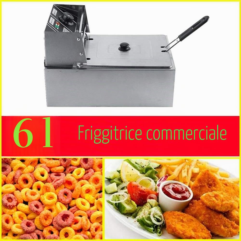 Friggitrice Elettrica Professionale 6L, 2500W, Friggitrice ad Olio in Acciaio Inox, con Cestello, Regolatore di Temperatura, per Catering, Patatine Fritte, Pollo