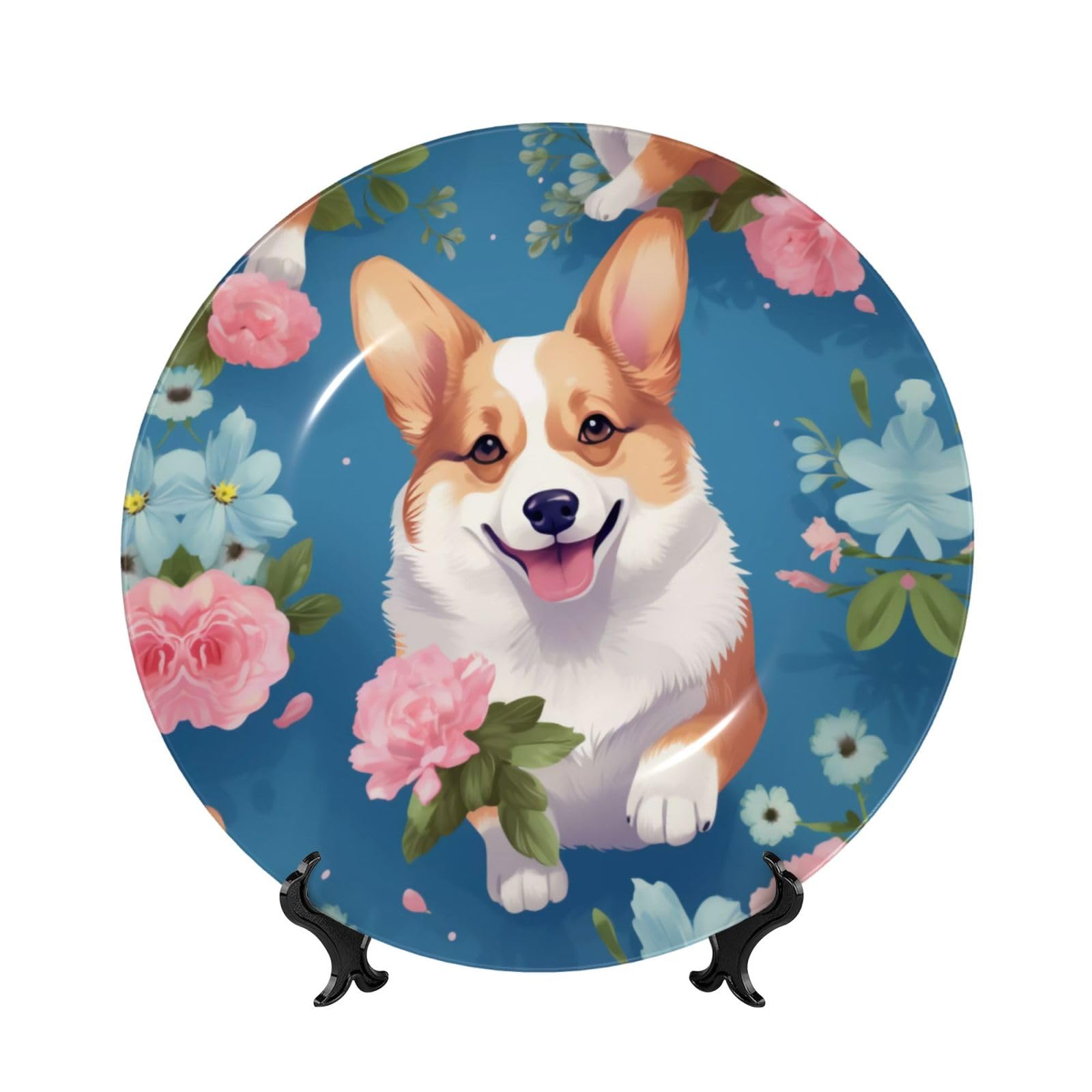 SXZVVBN Corgi Flower Pattern Bone China Decorative Plate Art with Stand Removable Adhesive Hanging for Home Office 8in（20cm）