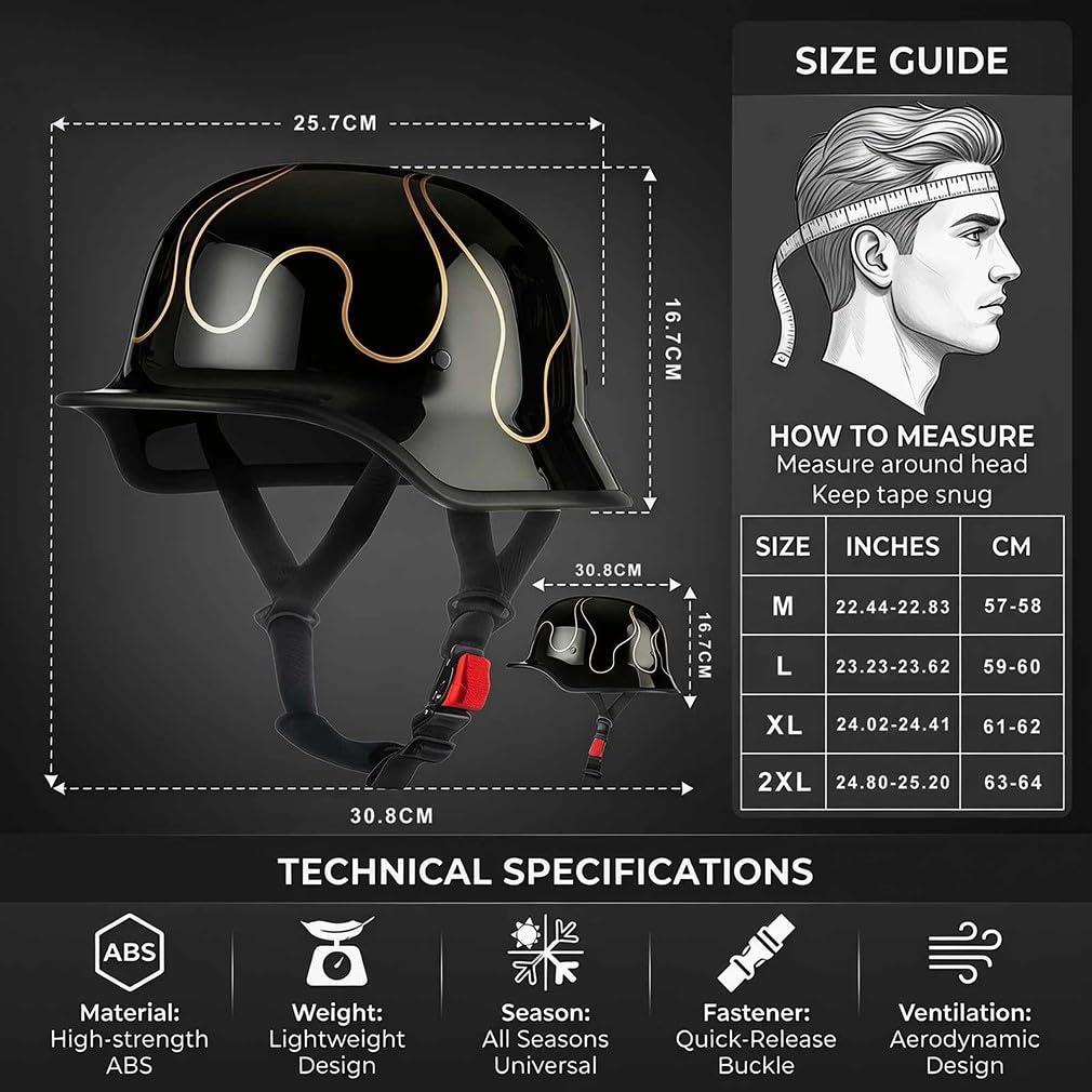 Deutscher Retro Halbschalenhelm Militärstil,ECE 22.06 geprüft,Leichte ABS-Schale mit Gesichtsmaske,Schnellverschluss,Unisex für Stadt Pendler und Cruiser,M-2XL(57-64cm)