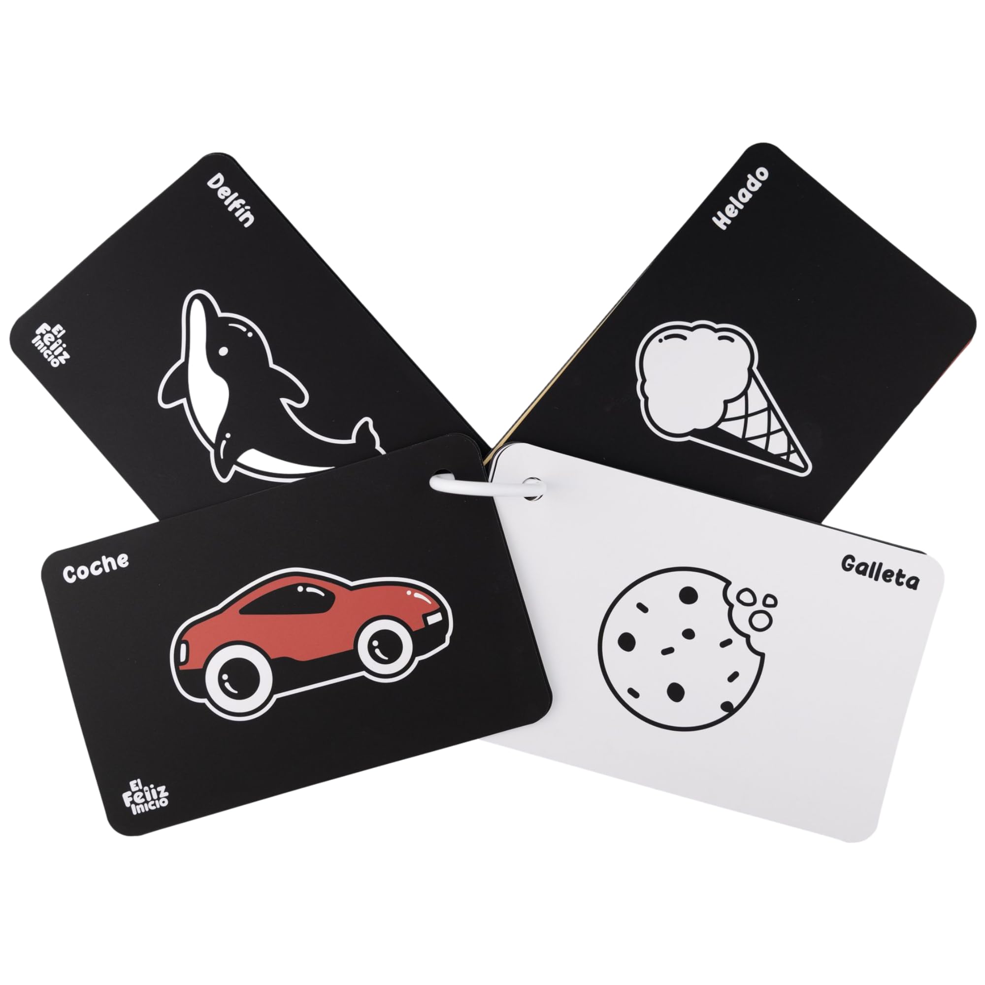 The Happy Start™ - Vision Cards for Babies - High Contrast Baby Cards - High Contrast Baby Toys - Baby Sensory Toys - Black, White & Color Images - Bilingual Words - Ideal for 0-12 Months (Español)