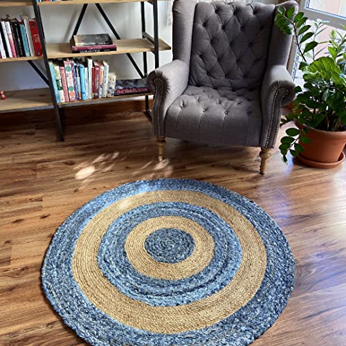 Image of Jute Braided Natural Hand Woven & Reversible Rug for Living Room Kitchen Entryway, Farmhouse Rustic Burlap Rag (Denimbox, 90cm)