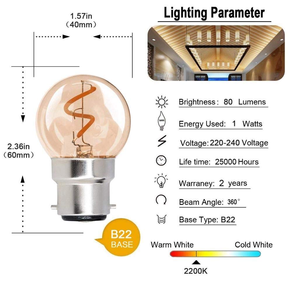 HHF Home Lighting, Lot de 25 ampoules LED à filament spirale AC220V G40 B22 1 W 2200 K, lampe non dimmable