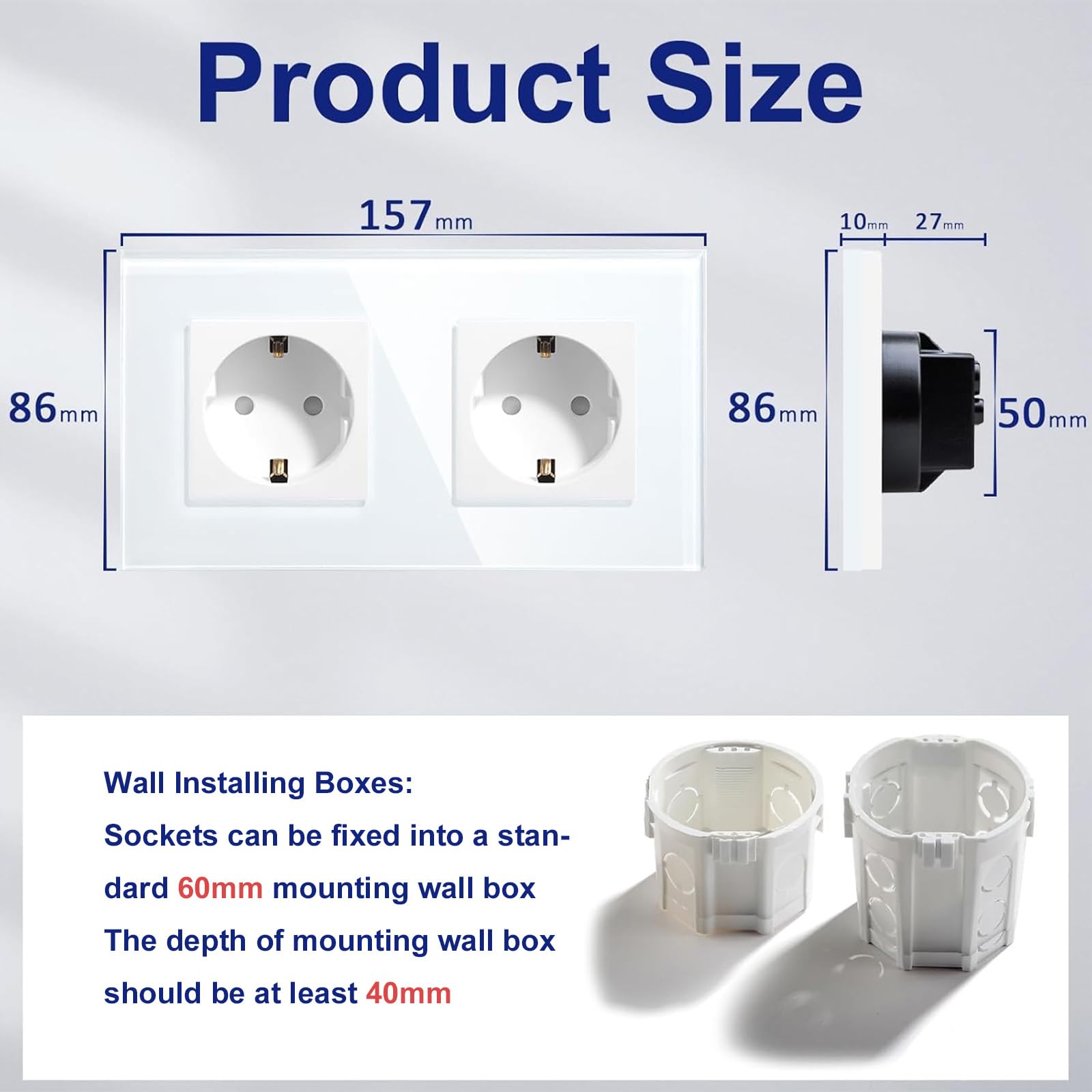 BSEED Enchufe de Pared con Cristal,Enchufes Dobles Empotrados,Toma de Corriente,Seguridad infantil,Fácil de Instalar,M Serie,2 Enchufes,157mm Blanco — view 4