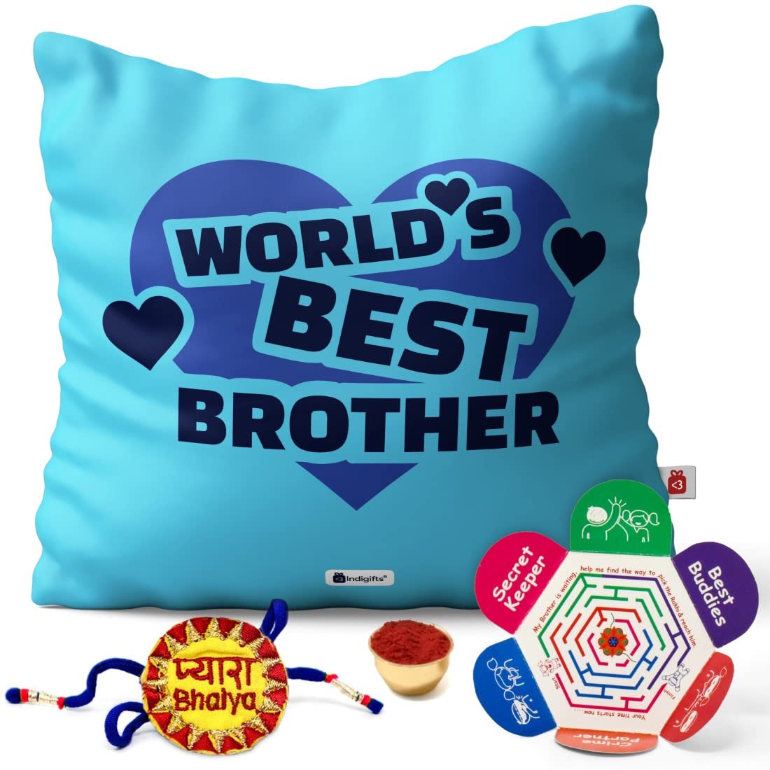 Indigifts IA Raksha bandhan Rakhi Gift Hamper Pyara Bhaiya Embroidery Rakhi for Brother & Happy Raksha bandhan Greeting Card World's Best Bro Heart Print Blue Cushion Cover, Pyara Bhaiya Embroidery Rakhi, Roli, Greeting Card 18x18 - Gifts For Big Brother Bhai on his Birthday Rakhi bhaidooj