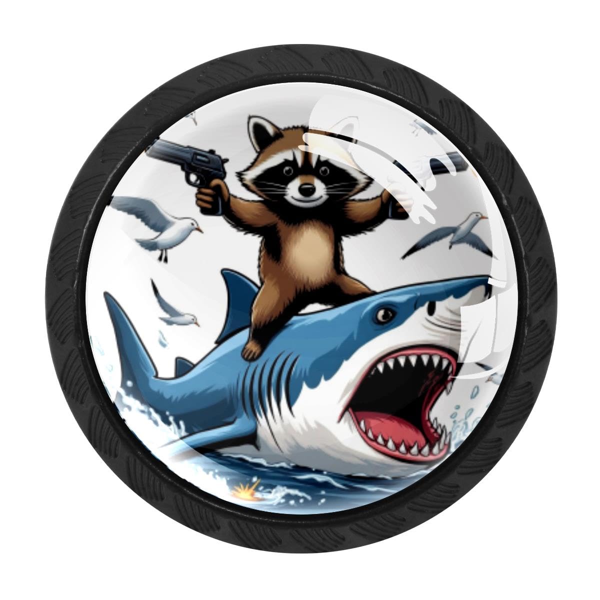 4 PCS Cabinet Knobs, Cool Raccoon Riding Shark Drawer Knobs Dresser Handles