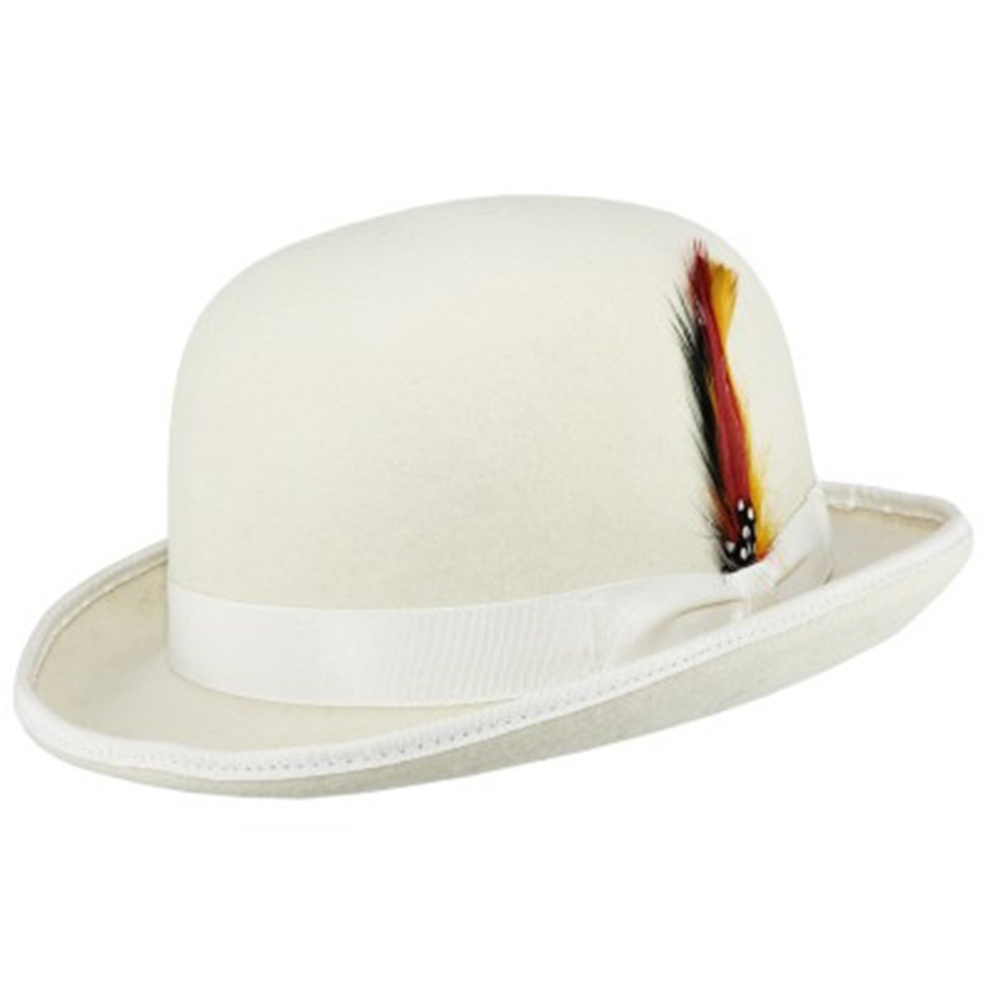 Unisex Hard Top Wool Bowler Hat With Feather Satin Lined Sizes S to XL