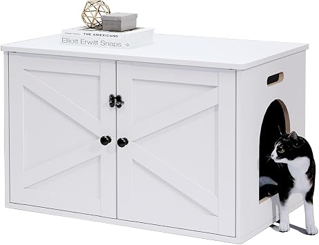Cat Litter Box Enclosure, Hidden Litter Box Furniture with Divider | Wooden Cat Washroom Furniture, Indoor Cat House, Dog-Proof, Fits Most of Litter Box, White