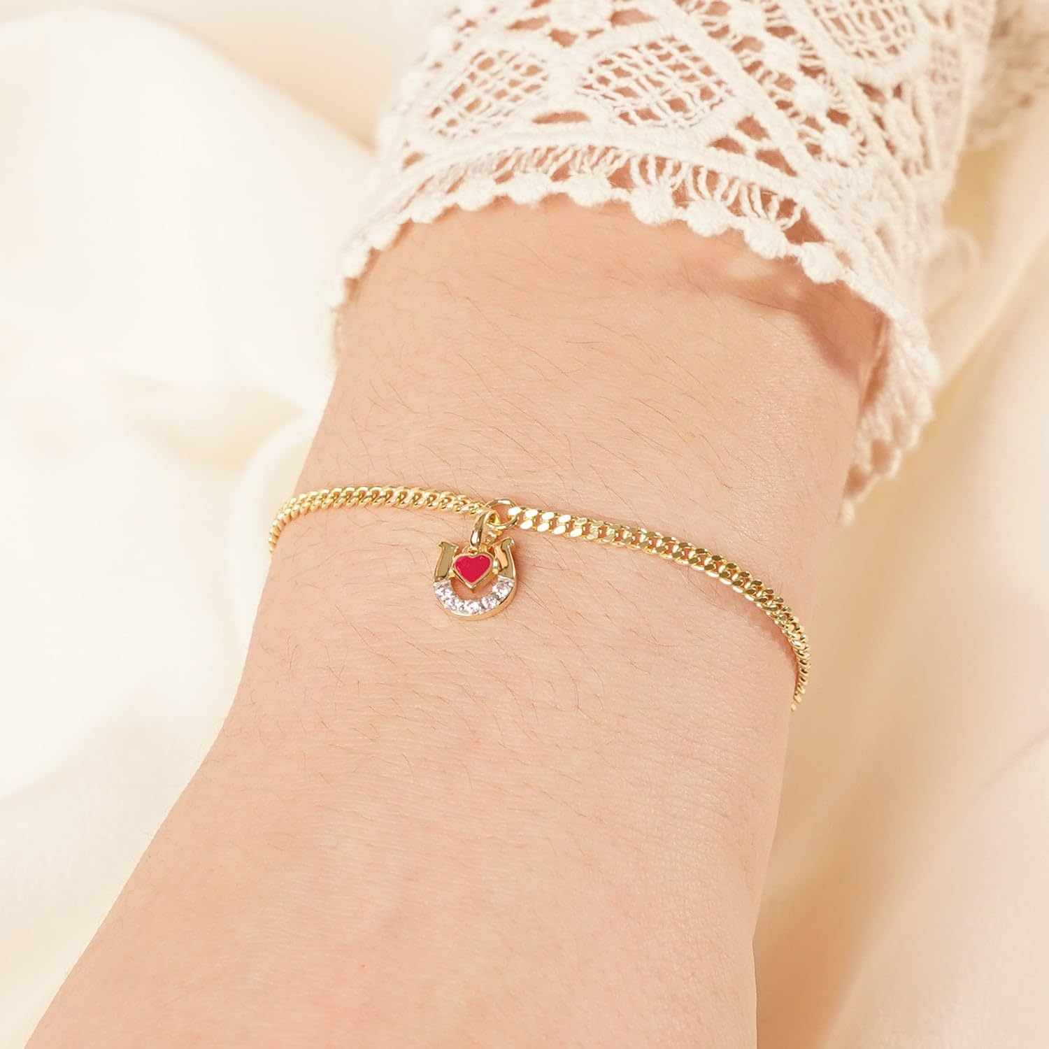 trendor Pulsera infantil con herradura/corazón, plata de ley 925, chapada en oro, 21625