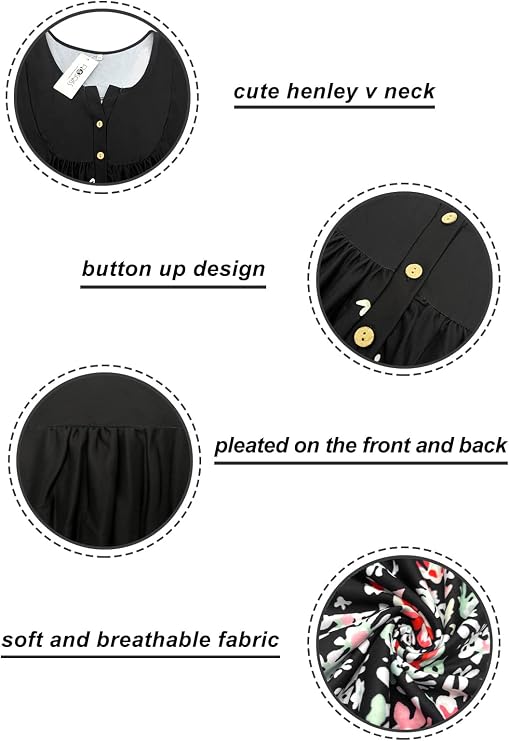 ROSRISS Womens-Plus-Size-Tops-Summer Buttons Up Henley Shirts V Neck Blouses Flowy Pleated Tunics Tee