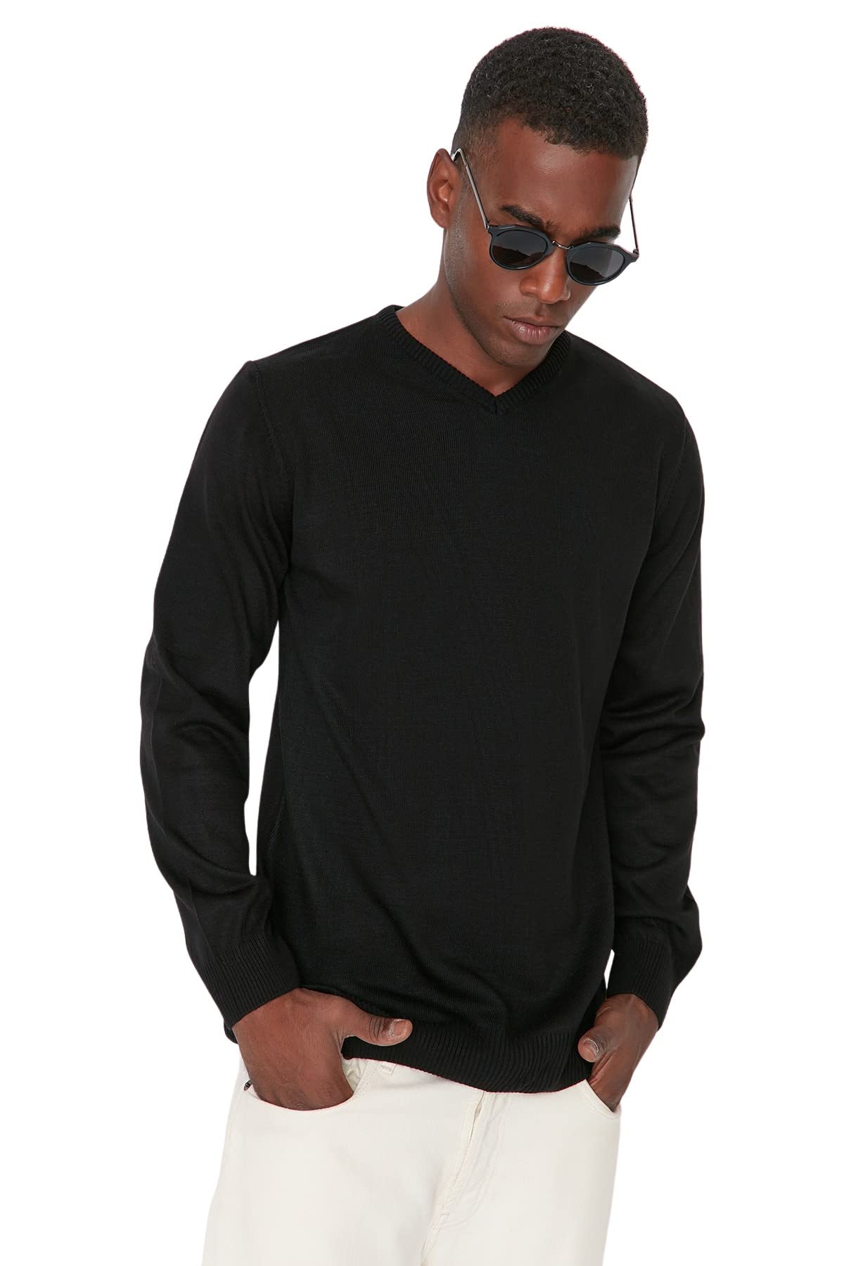 Trendyol Man Basic Regular Basic V Neck Knitwear Sweater Schwarz