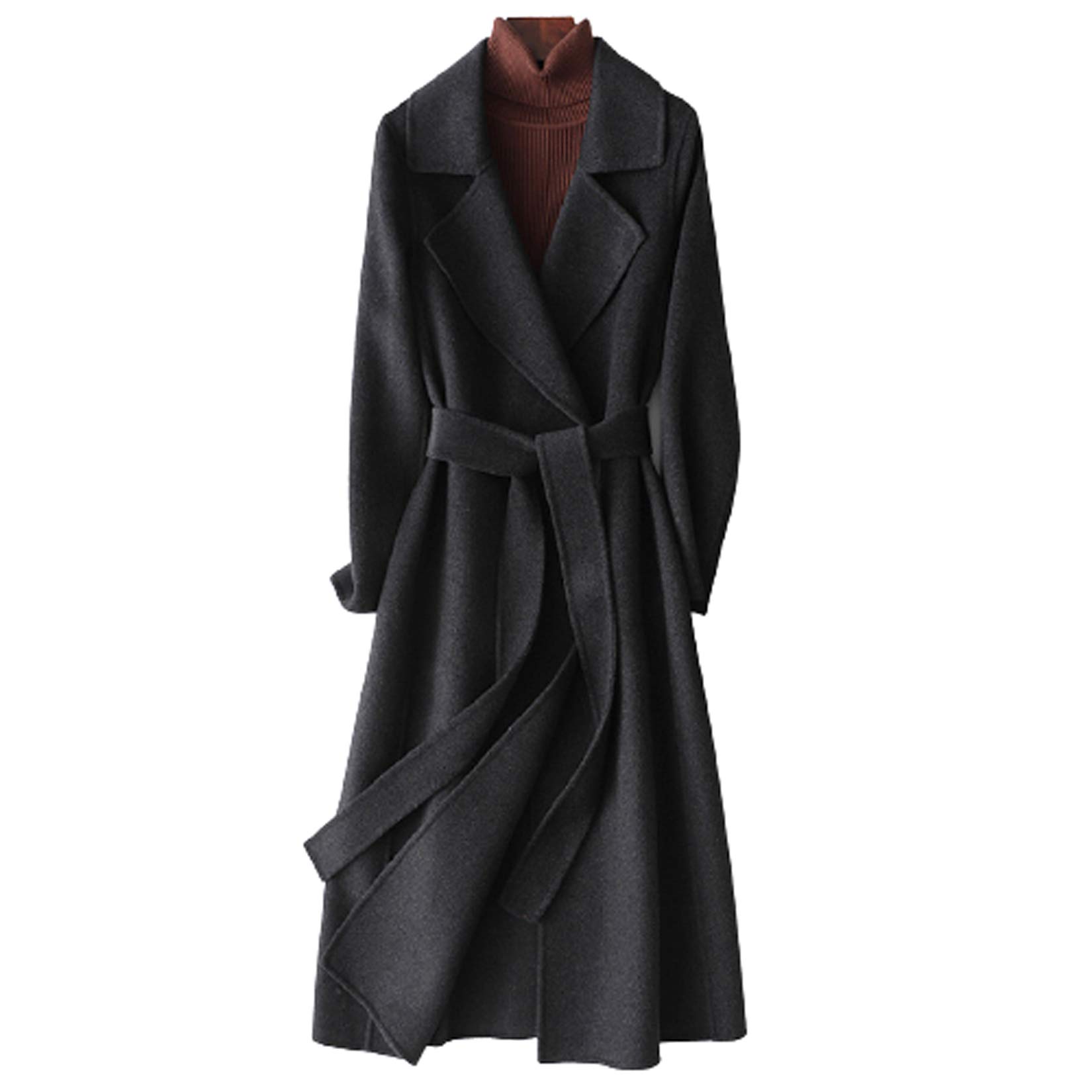 Gl Suit Women's Black 100% Wool Trench Coats Autumn Winter Solid Color Cashmere Coat Slim Warm Long Woolen Overcoat Long Sleeves Cardigan Jackets Outwear With Belt,,S