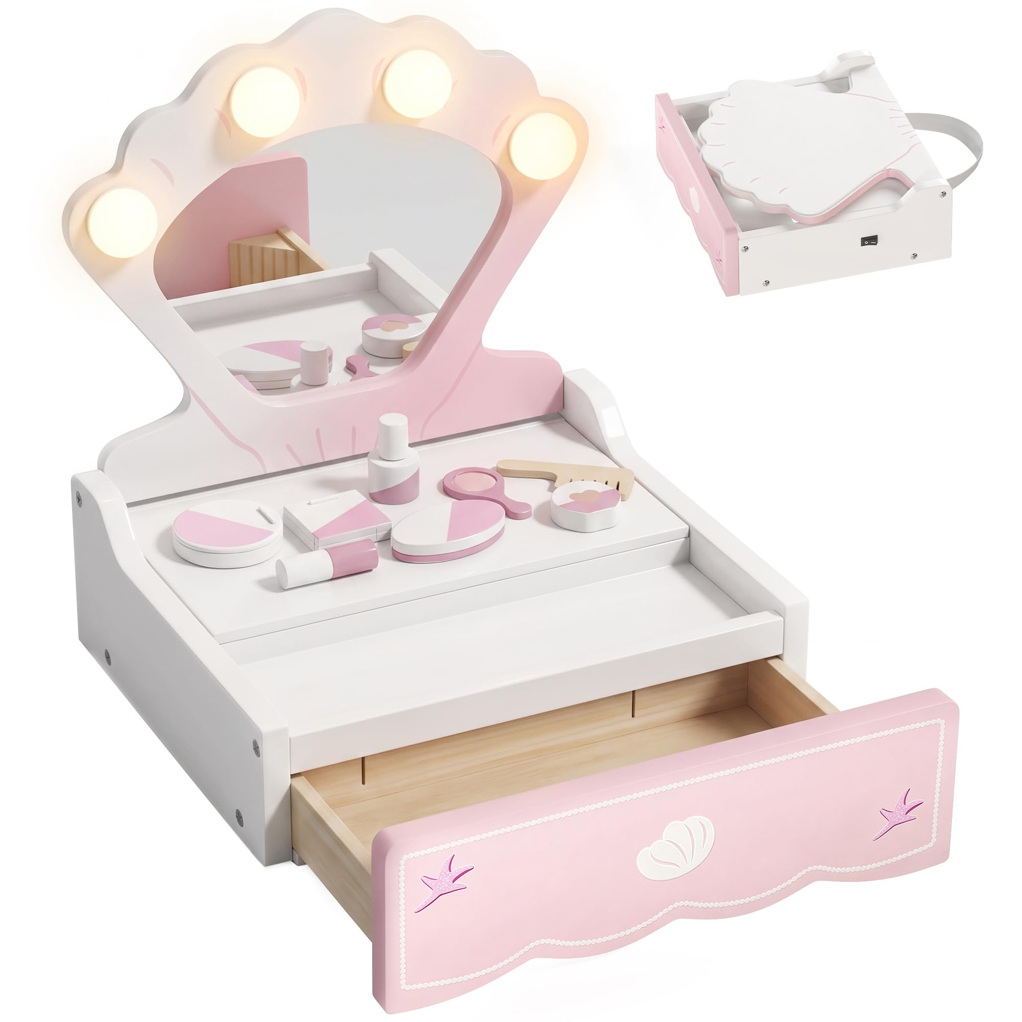 AIYAPLAY Kids Dressing Table Portable with Lights Mirror for 3-6 Pink