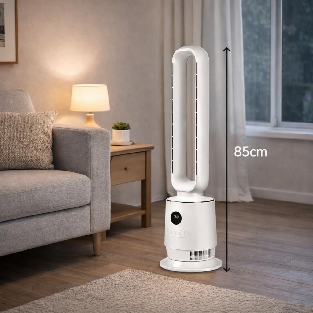 Max Star - Ventilador de Torre sin Aspas 50W con Pantalla LED de Temperatura, Silencioso con Mando a Distancia, 3 Velocidades, Oscilación 80°, Temporizador 12H, 85 cm de Altura para Hogar y Oficina