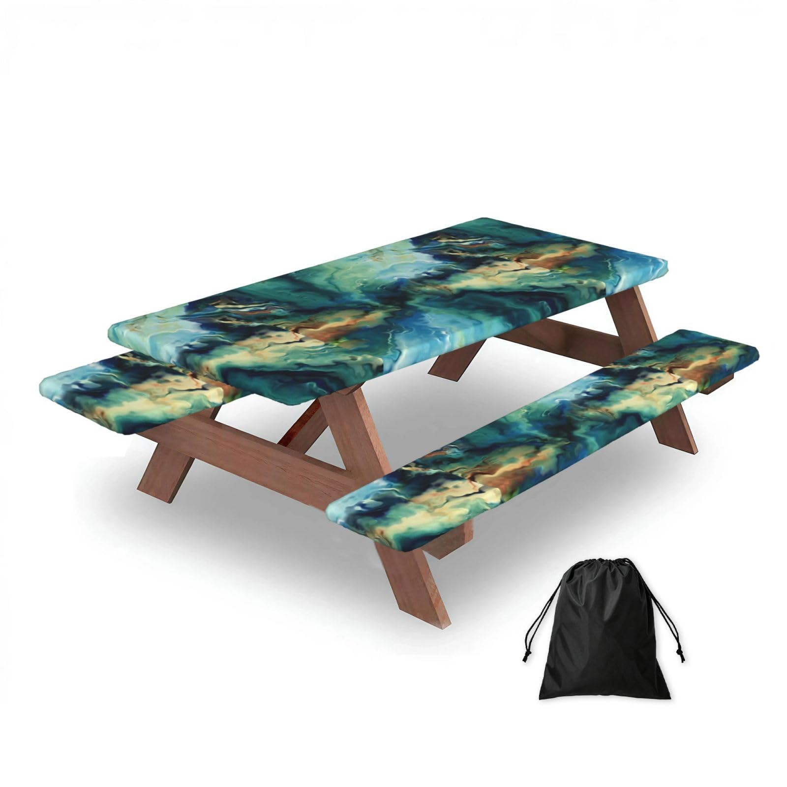 Abstract Marbled Ocean Navy Blue Teal Green, Picnic Table Cover With Bench Covers -Waterproof Elastic Fitted Tablecloth for Garden Camping Patio 76x152cm