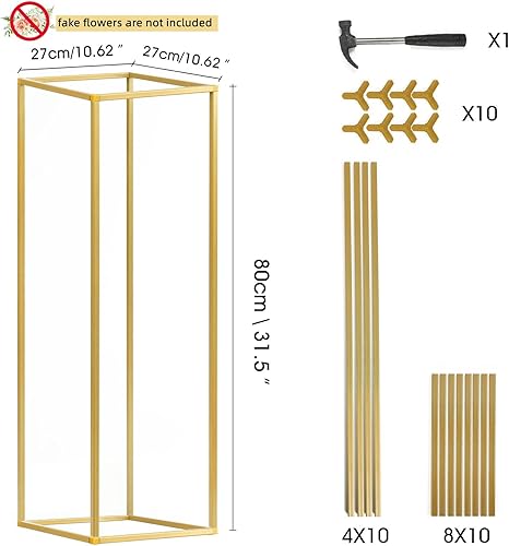Miniatura 14 de 2 piezas de 23.6 pulgadas/23.6 in soporte de flores para mesas de boda, columna de jarrón de metal dorado, estante rectangular de exhibición