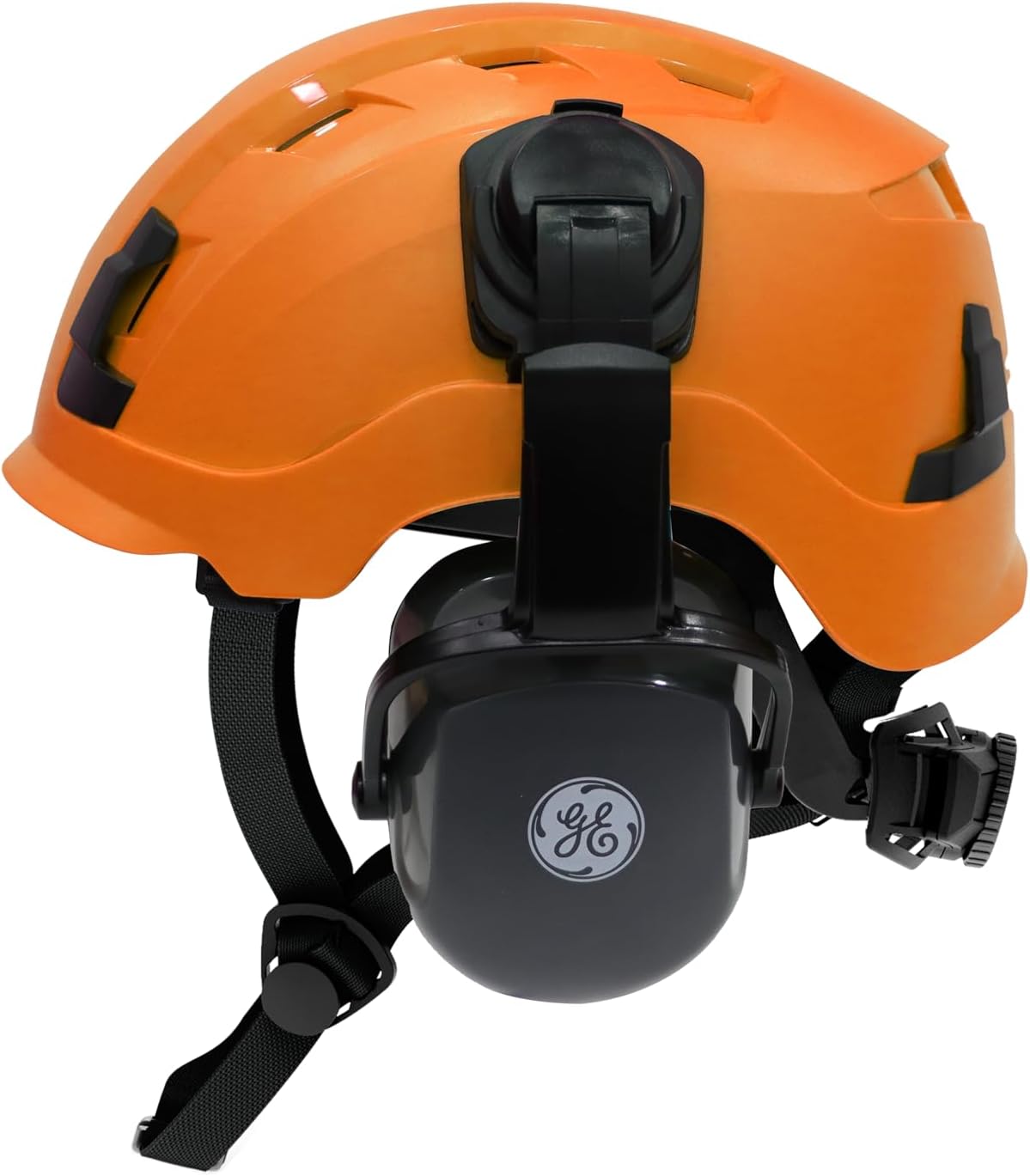GE Safety Helmet with Cap Mounted Earmuffs, Vented, with Koroyd Impact Absorbing Technology, Reduces Heat Stress, Hard Hat with Memory Foam Padding, ANSI Type 1 Class C, Orange GH400O