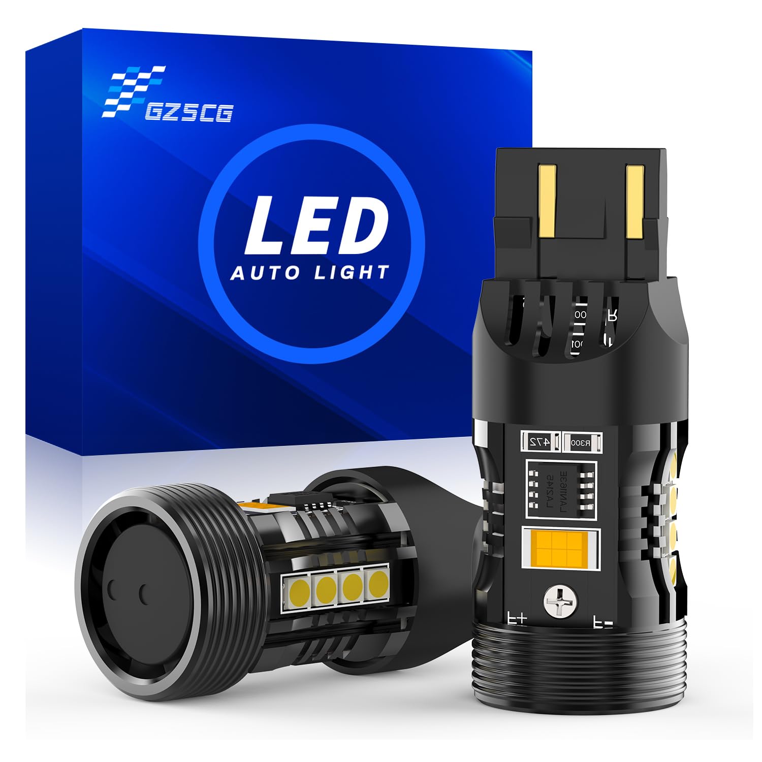 GZ5CG 7443 Led Bulbs Switchback Amber White 12V 28W 2000Lumen with Turbo Fan for Turn Signal DRL Parking Lights, Standard Socket, 2Pcs