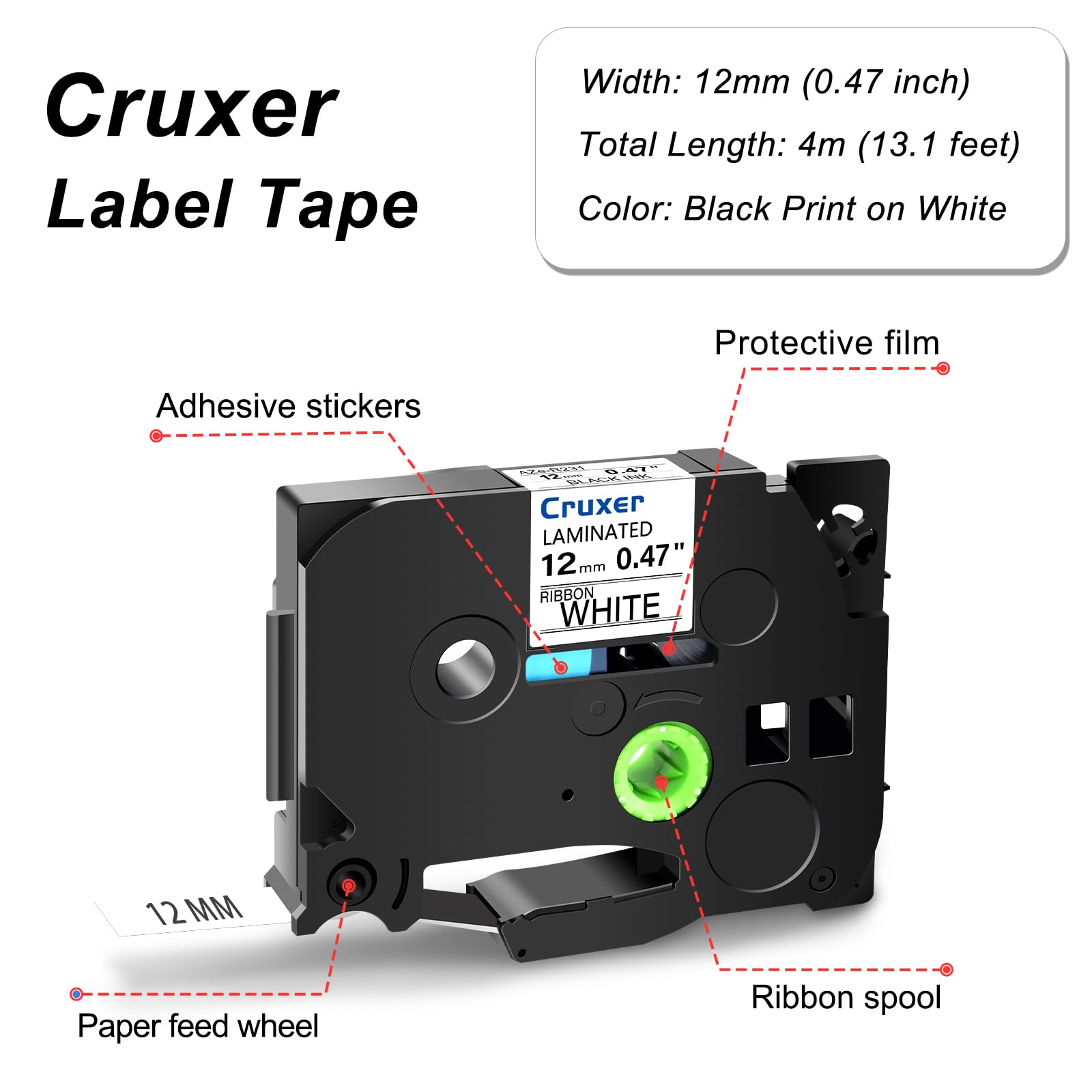 Cruxer Pack de 20 cintas laminadas compatibles con Brother P-touch TZe-R231, embellecer cintas laminadas de satén, negro sobre blanco, 0,47 pulgadas, 12 mm x 3 m, cinta de escritura de repuesto para