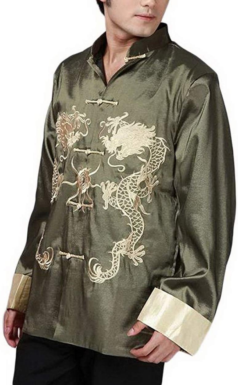 Traditional Chinese Embroidered Silk Kung-Fu Tang Jacket Coat Tai Chi Uniform Double Dragon (Green, Asian M = US S)