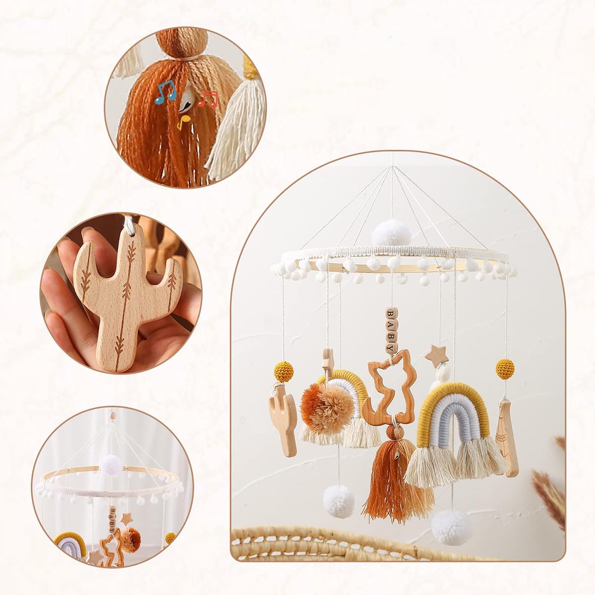 Amazon | ベッドメリー ベビー モービル 木製アーム 吊り下げ式