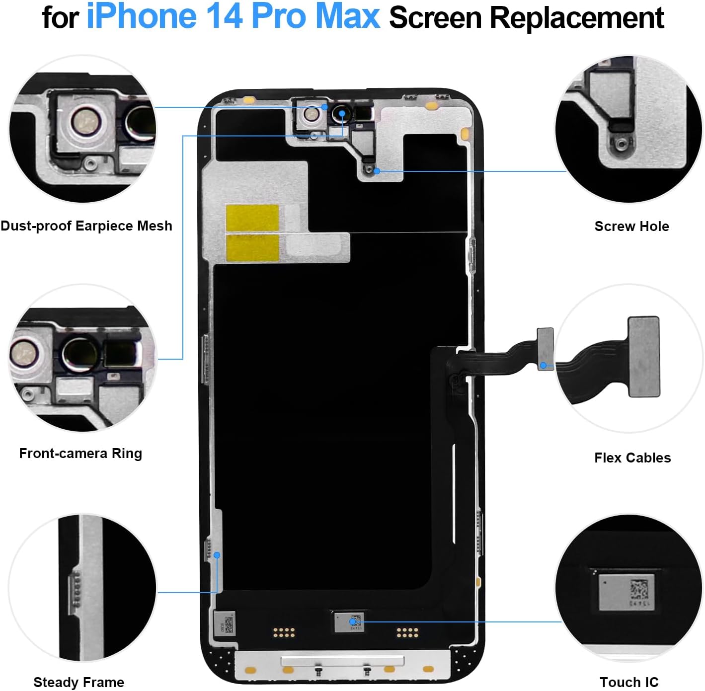 for iPhone 14 Pro Max Screen Replacement, 3D Touch Screen LCD Display Digitizer Assembly with Waterproof Adhesive Tape and Repair Tools Kit (for Model: A2894, A2651, A2893, A2895)
