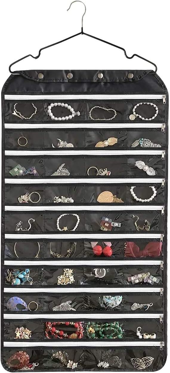 BB Brotrade Hanging Jewelry Organizer with Oxford Double Side 80 Zippered Storage Pocket (Black)