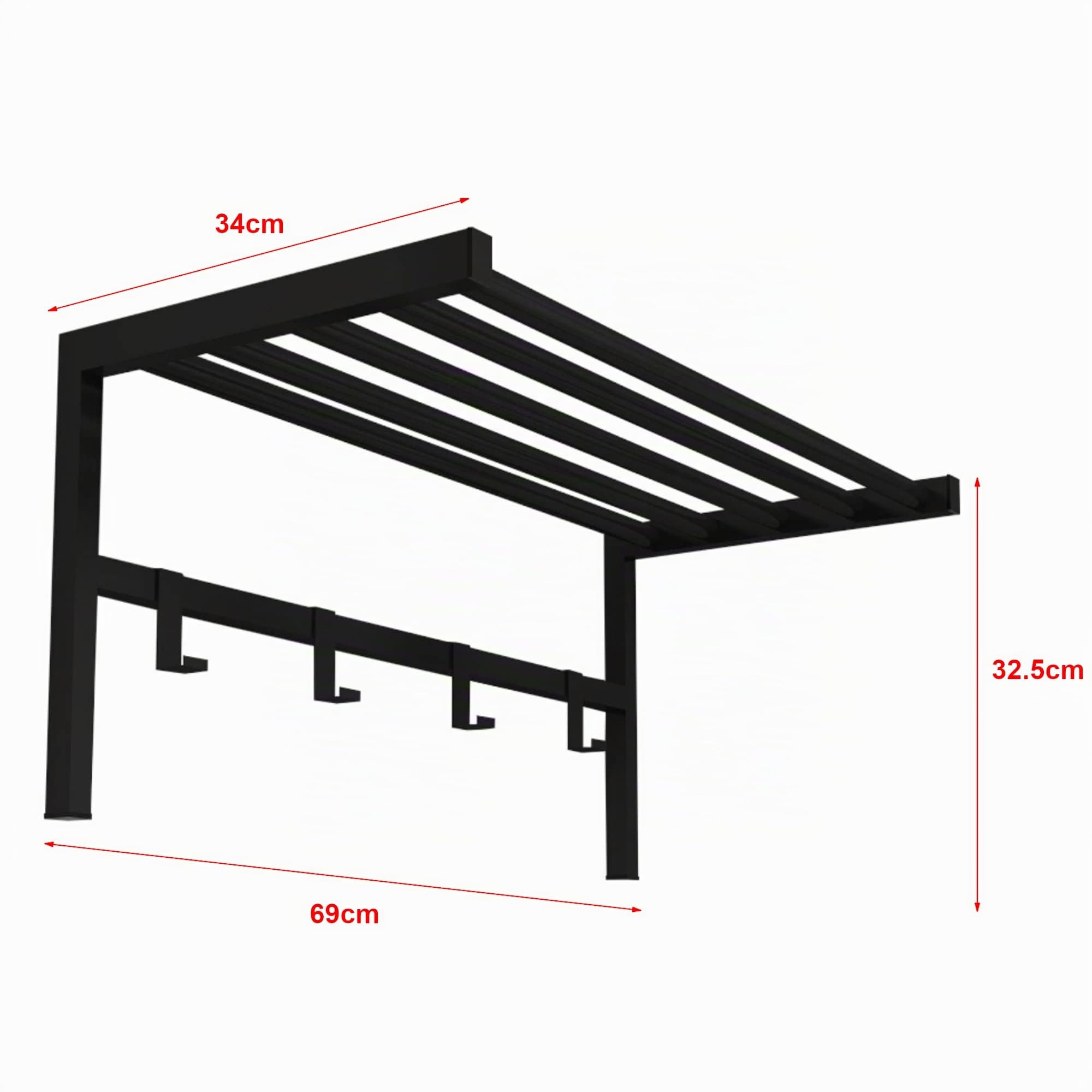 [en.casa] Appendiabiti a Parete con Ripiano a Rete (AxLxP) 32,5 x 69 x 34 cm Attaccapanni da Muro con 4 Ganci e Mensola Struttura in Metallo - Nero