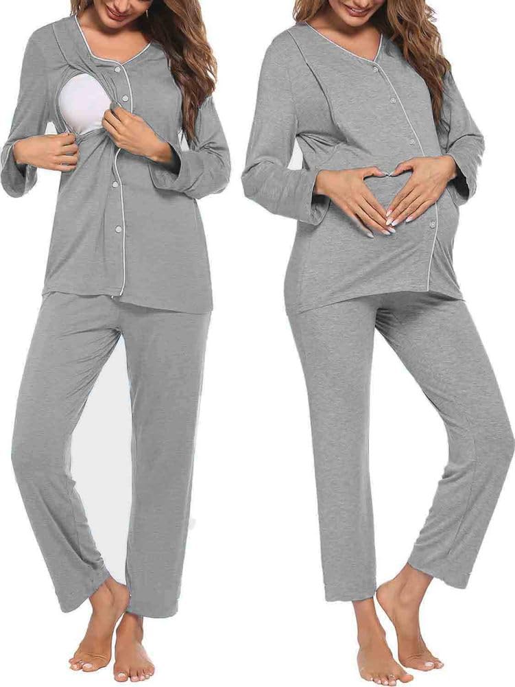 Mutterschaft Pflege Pyjamas Set Button-Up, Super Soft Langarm Gestreifte Nachtwäsche Stillen Loungewear Nightie Pjs für Schwangere Frauen Home Hospital,Grau,L