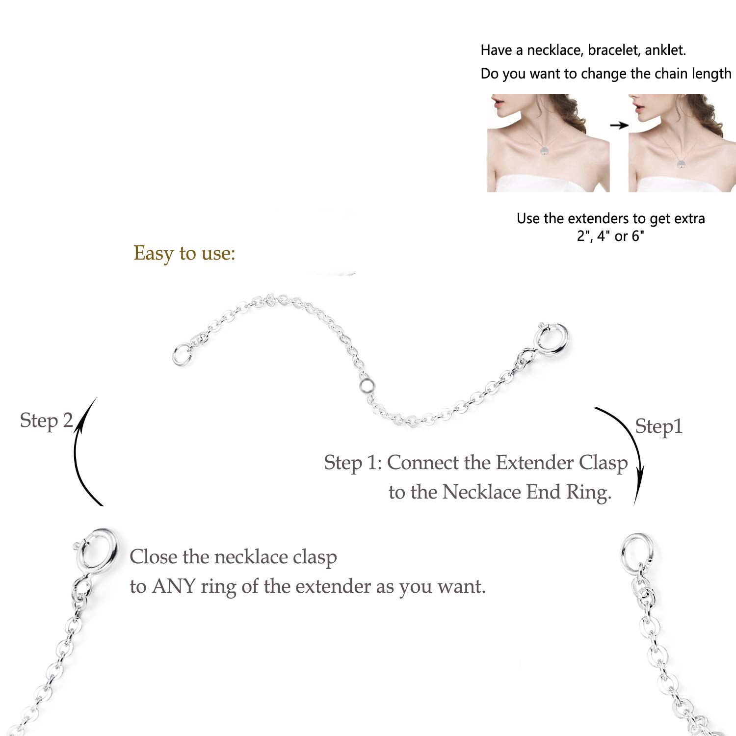 Elda&Co - Catena rolò in argento Sterling, 2 pezzi per confezione, lunghezza: 10,2 cm e 5,1 cm