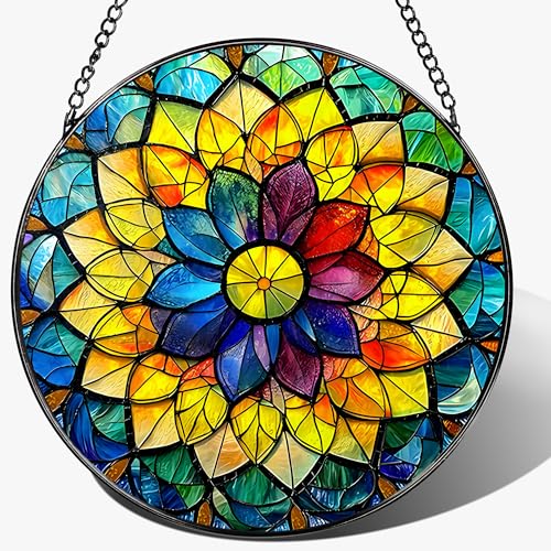 LAOWEIKI 8'' Rainbow Mandala Sun Catcher Ornament, Stained Glass Window Hanging, Sun Catchers for Windows Hanging Ornaments, Window Decor, Ideal Gift | Colorful Spiritual Gifts for Her