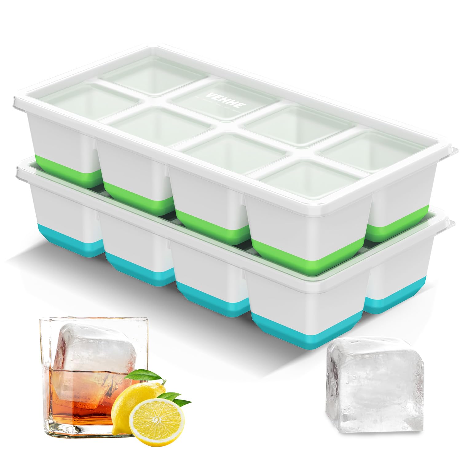VEHHE Eiswürfelformen, leicht zu lösen und stapelbar, Whiskey-Eiswürfelform für Getränke und Cocktails (Blau + Grün), 3 Stück