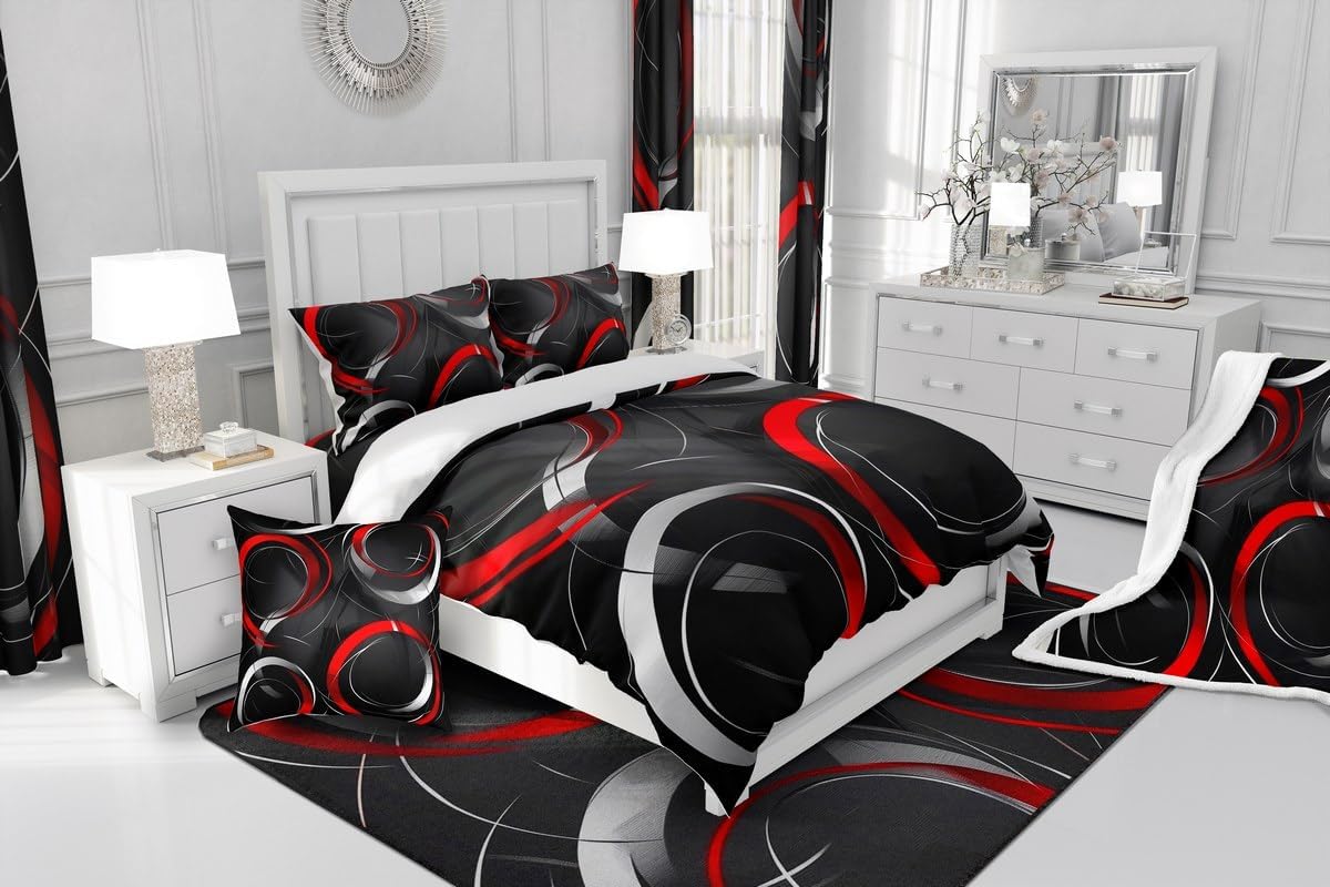 jejeloiu Area Rug,Geometric Circle Rugs for Living Room Bedroom,Modern Abstract Art Red White Black Indoor Floor Mat,3x5