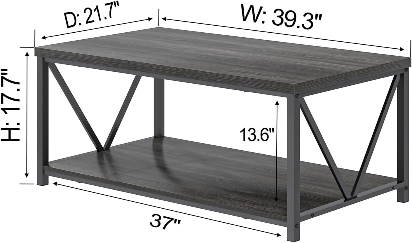 FOLUBAN Coffee Table with Storage, Modern Small Center Tables for Small Spaces, Rustic Wood and Metal Cocktail Table for Living Room, 39.3 Inch Dark Gray