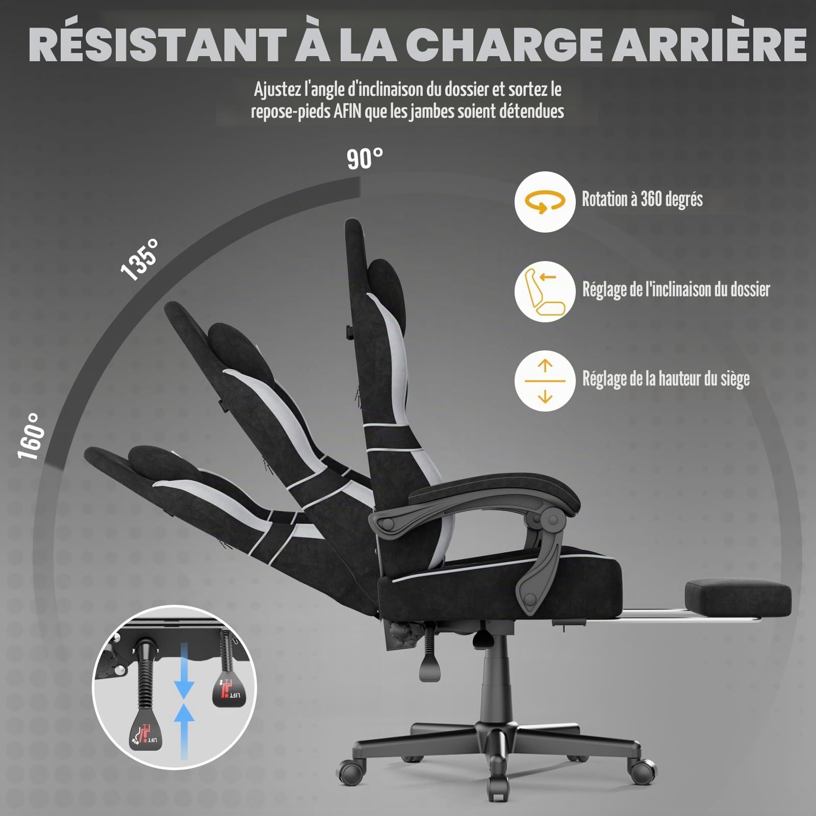 Soontrans Chaise Gaming Ergonomique avec Coussin Lombaire Massage, Chaise Gamer，Fauteuil Gaming avec Repose Pieds télescopique&Appui tête&Dossier Inclinable à 160°, Tissu Velours, 136 kg（Noir&Gris）