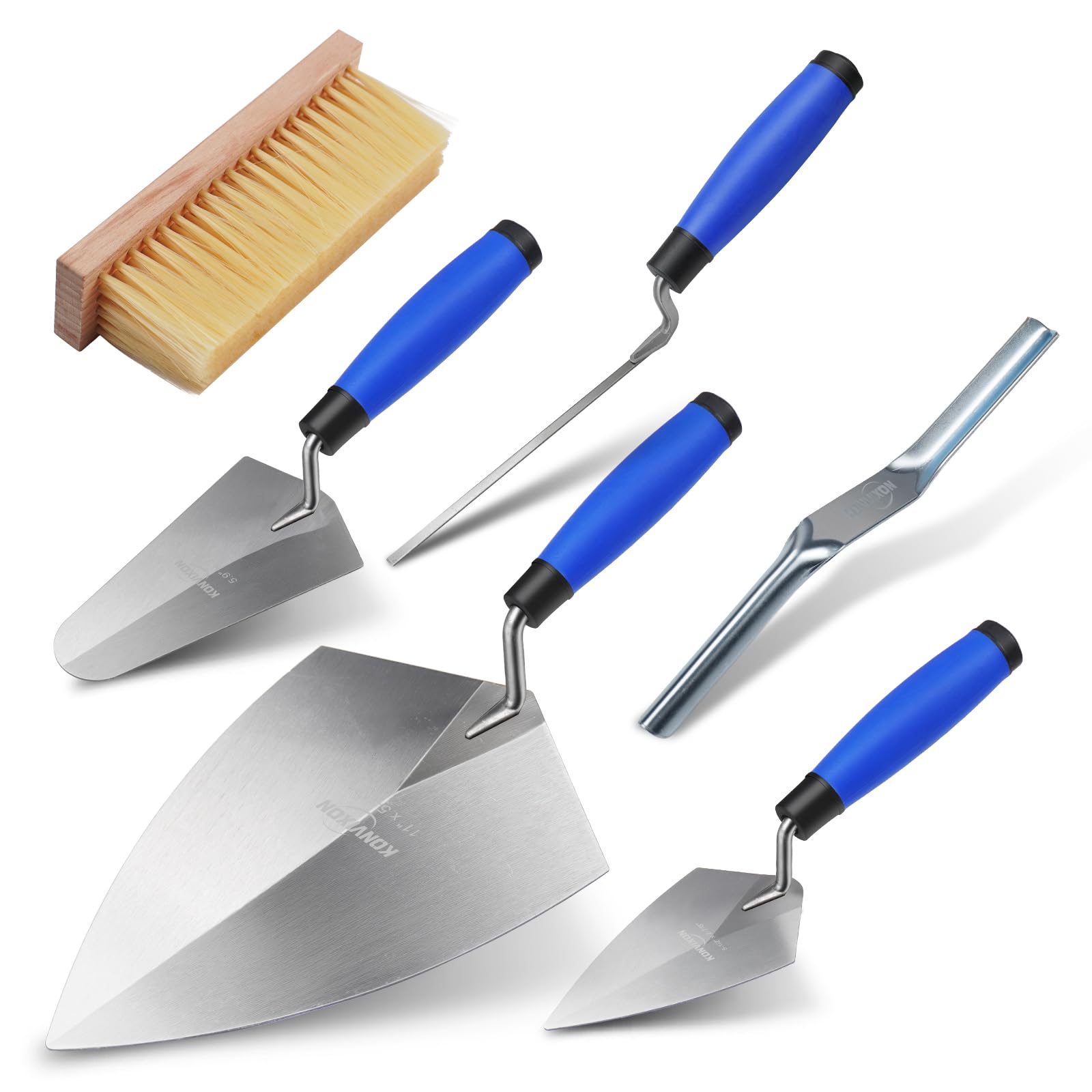 Set di 6 utensili manuali per muratura, cazzuola per mattoni Philadelphia da 11 x 5-1,3 cm, cazzuola di misurazione 15 x 8,6 cm, cazzuola a punta da 15 x 2-2,2 cm, 10 "x 1,6 cm, cazzuola per