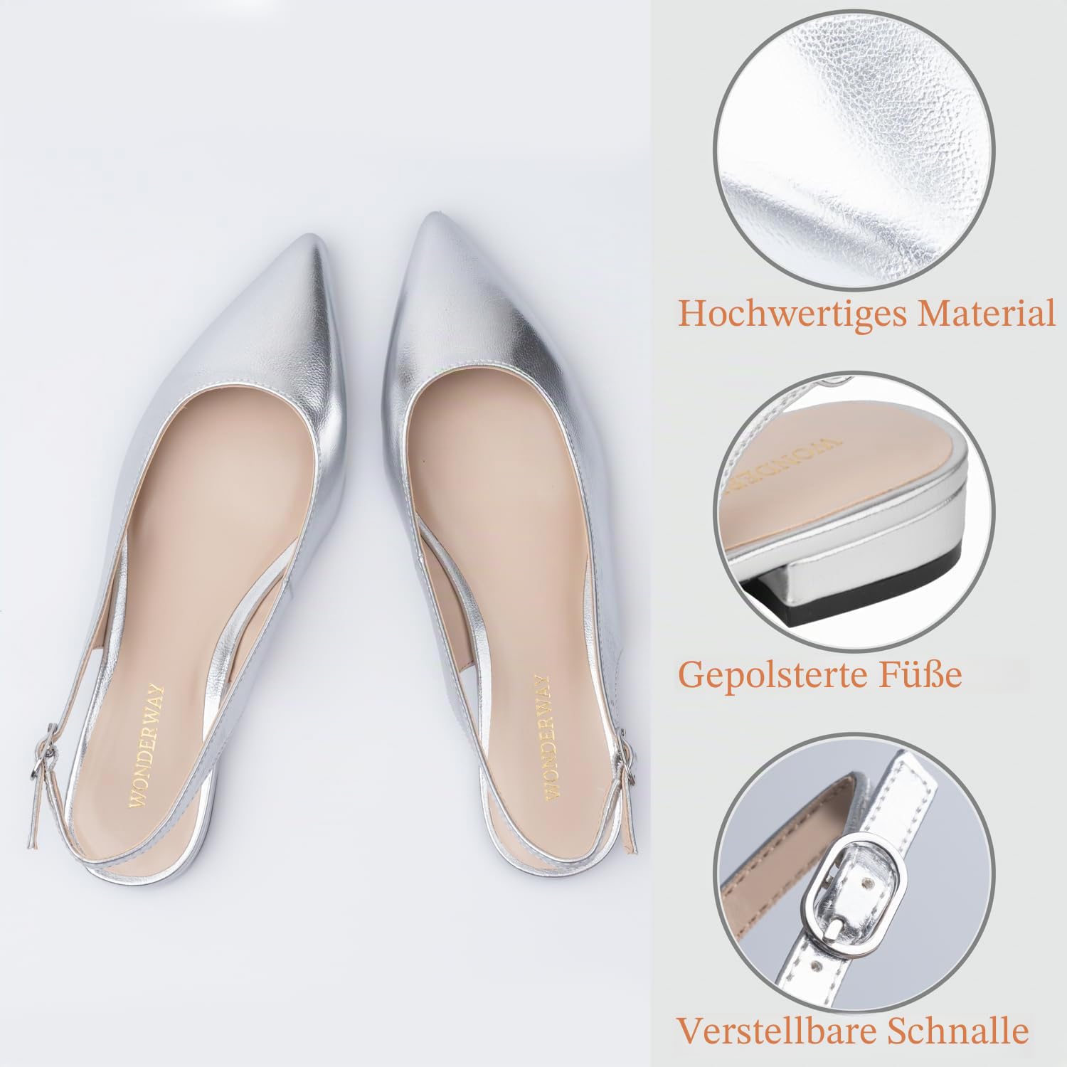 WONDERWAY Damen Slingback Flache Schuhe mit Spitzkappe für feierlich, lässig, Arbeit, Hochzeit, Silber, 42 EU