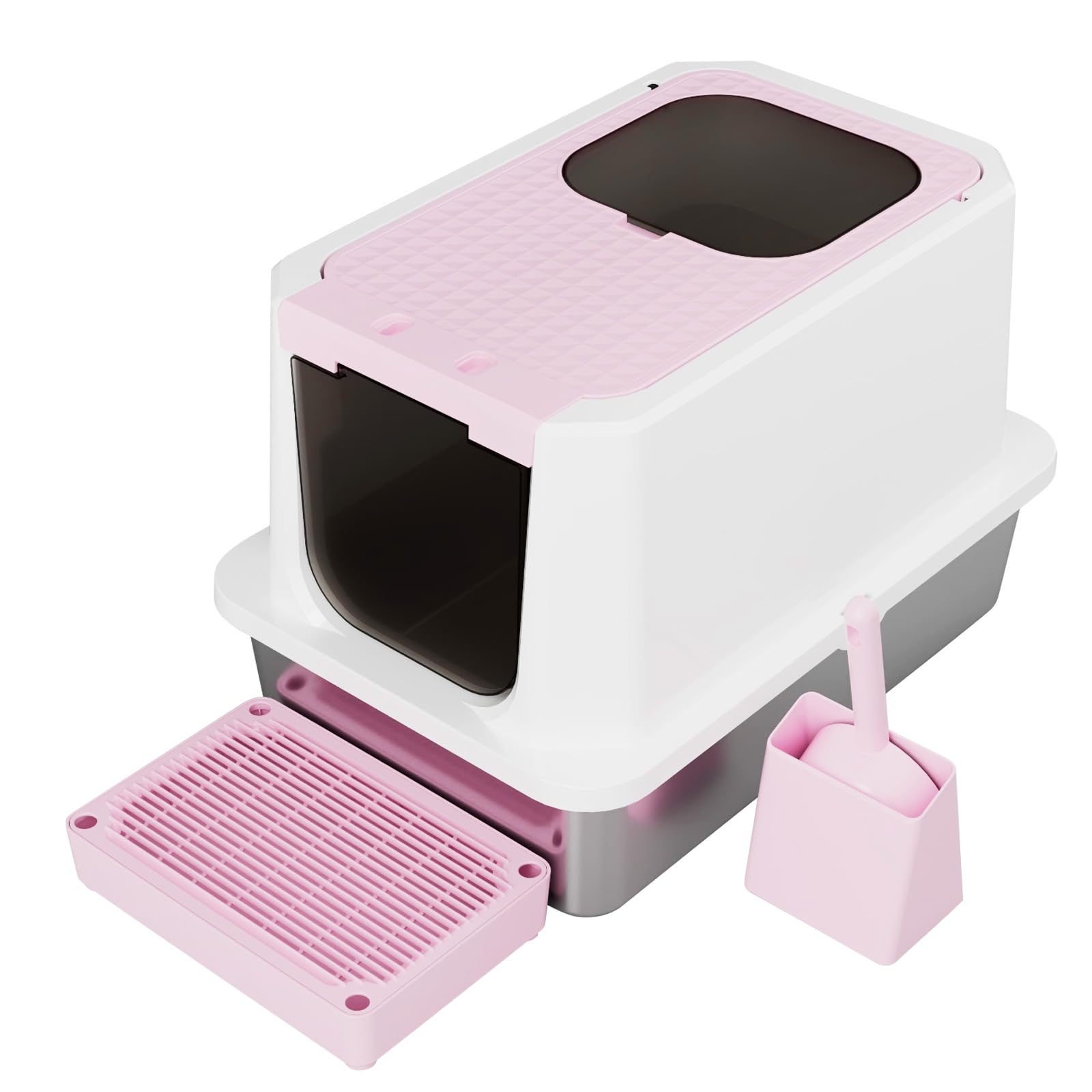 RIZZARI Enclosed Cat Litter Box: Large Top & Front Entry - High-Sided Anti-Scatter Design - Stainless Steel Odor Control - Easy Clean Teflon Non-Stick Coating- Pink Litter Pan - Entryway/Closet Nook