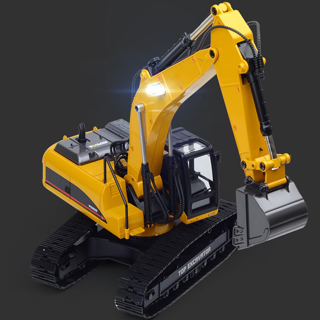 Excavadora RC 5 en 1 de metal completo a escala 1/14 2.4G con trituradora, agarre de troncos, cizalla hidráulica, garra - Modelo de vehículo de construcción con luces LED ahumadas