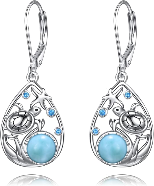 POPLYKE Larimar Turtle Beach Earrings for Women Sterling Silver Cage Filigree Dangle Drop Earrings for Girls