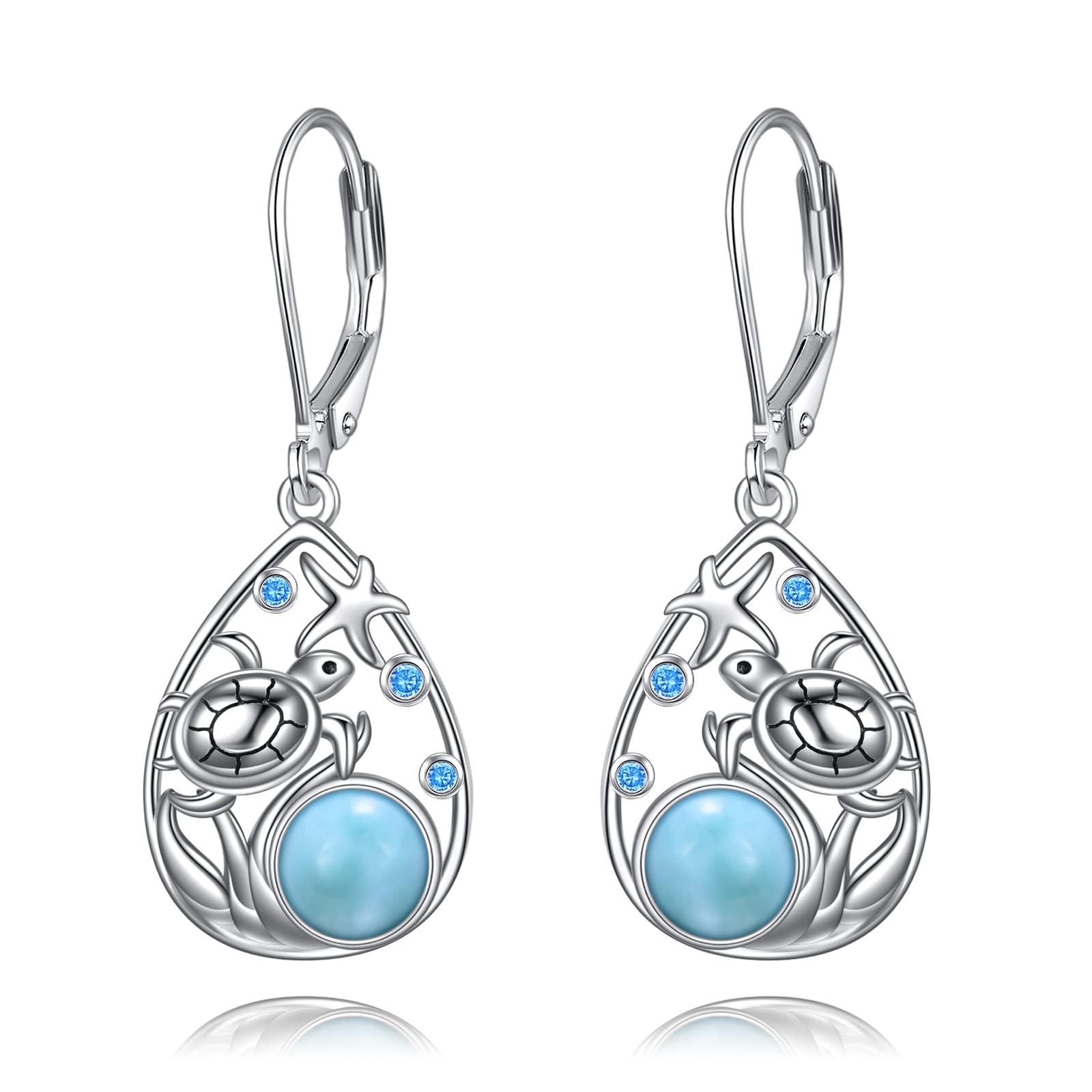 POPLYKE Larimar Schildkröte Strand Ohrringe für Frauen Sterling Silber Käfig filigran baumeln Tropfen Ohrringe für Mädchen